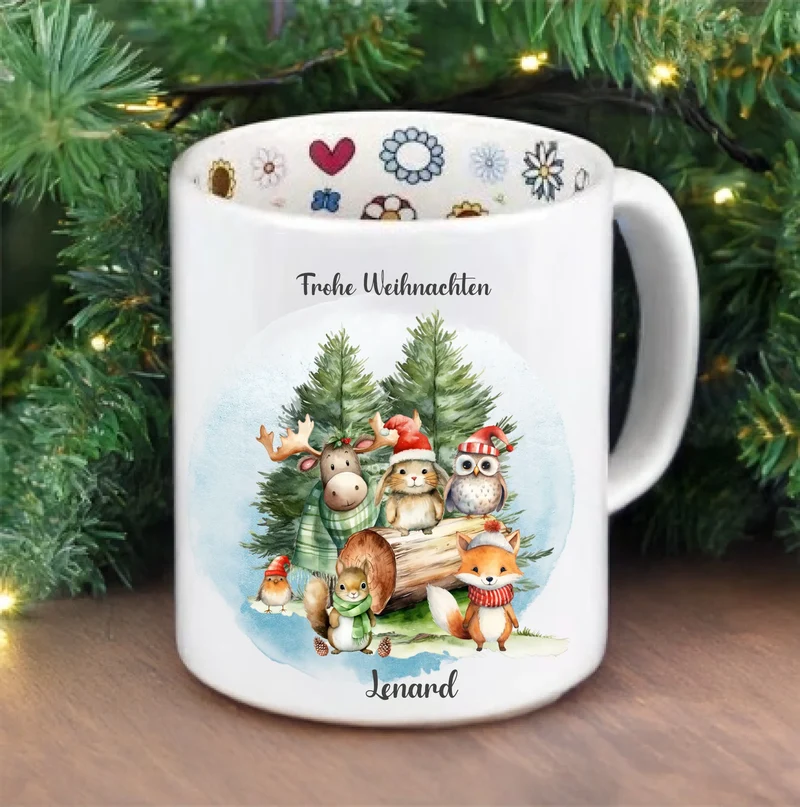 Weihnachtstasse mit Weihnacht-Waldtieren mit Namen und Frohe Weihnachten