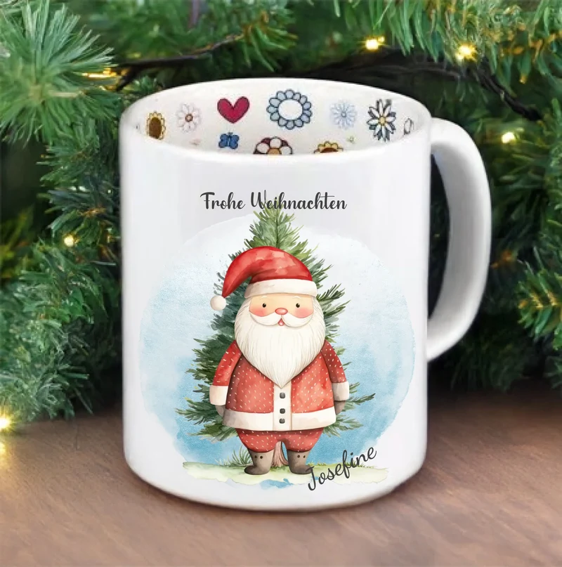 Weihnachtstasse mit Weihnachtsmann und Tanne, Namen und Frohe Weihnachten