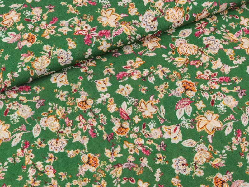 Reststück 90cm - Viskosestoff Mia Blümchen bunt auf Grün