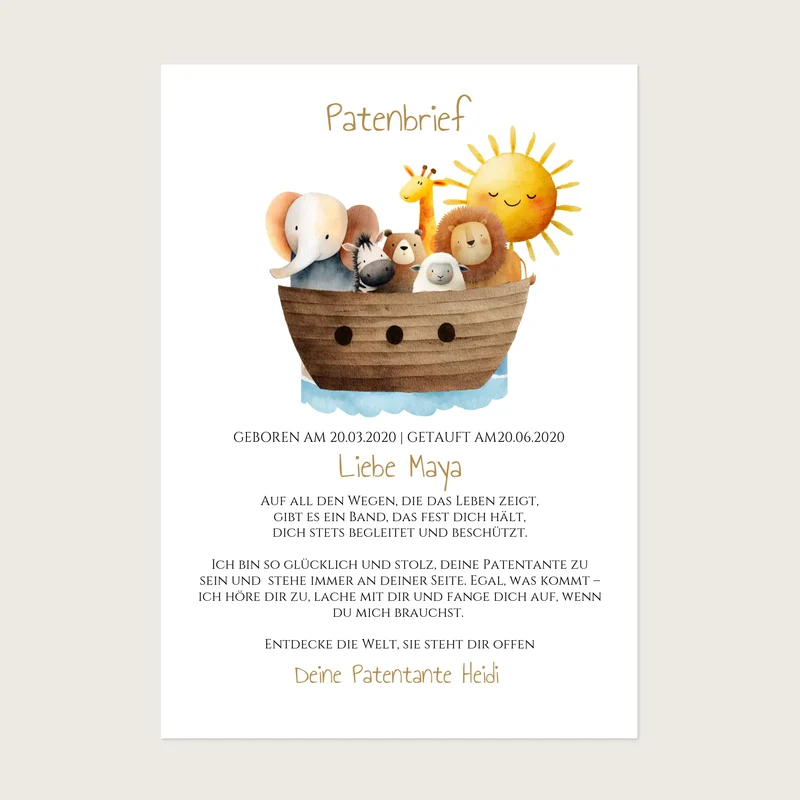Patenbrief von Patentante / Patenonkel Arche Noah