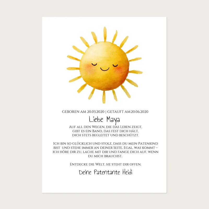 Patenbrief von Patentante / Patenonkel mit Sonne