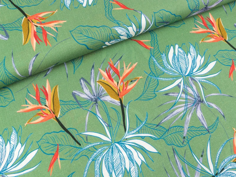 Reststück 105cm - Viskoseleinen Lizzy Tropical Flowers auf Grün FS22