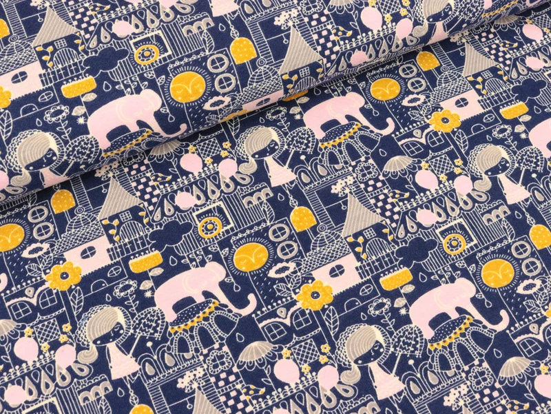 Reststück 43cm - Baumwolljersey Mädchen und Elefant jeansblau