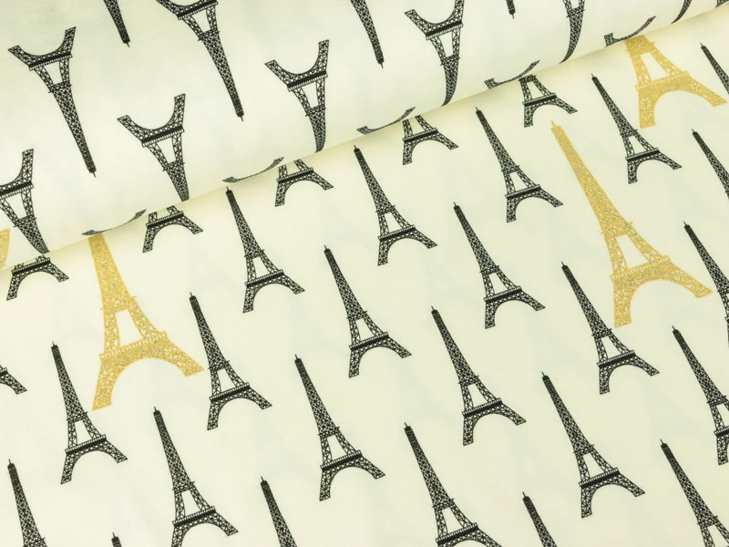Reststück 69cm - Baumwolljersey Eiffelturm creme mit goldenem Glitzer