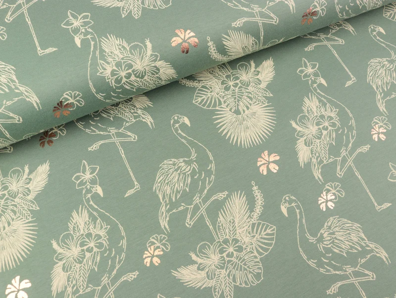 Reststück 24cm - Baumwolljersey Flamingo auf dusty green mit kupferfarbenem Folienprint