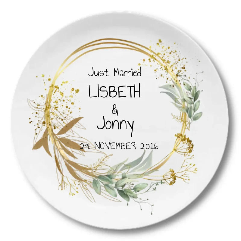 Hochzeitsteller mit Blumenkranz personalisiert - Geschenk Brautpaar