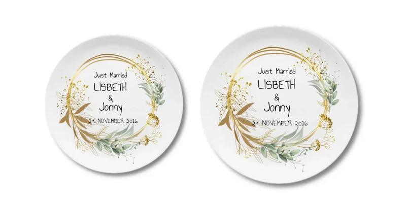 Hochzeitsteller mit Blumenkranz personalisiert - Geschenk Brautpaar