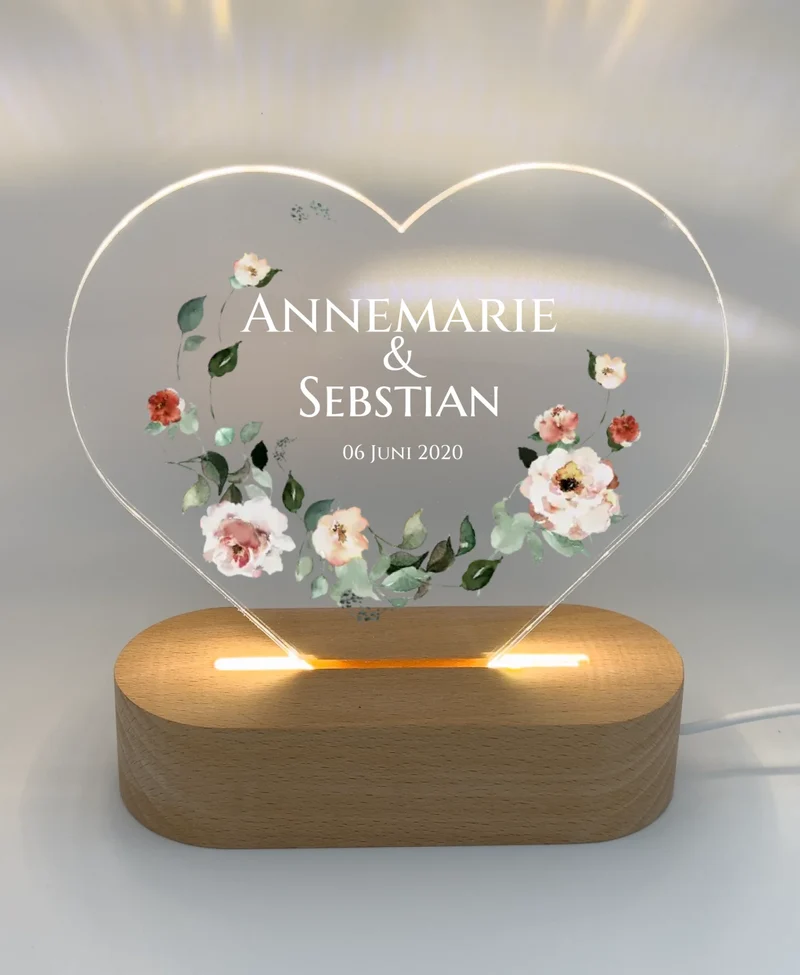 Geschenk zur Hochzeit für das Brautpaar - LED Deko Licht mit Namen & Datum