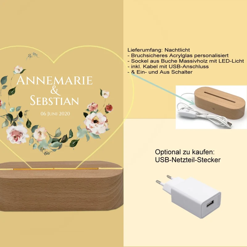 Geschenk zur Hochzeit für das Brautpaar - LED Deko Licht mit Namen & Datum