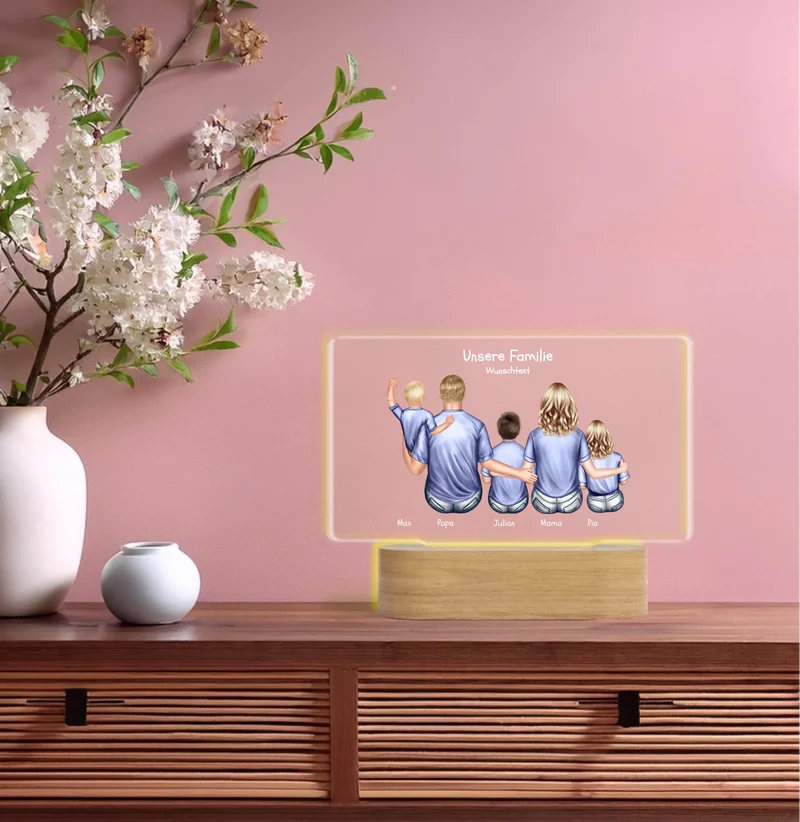 Personalisiertes LED Deko Licht ''Familie mit 3 Kindern'' Geschenk Geburtstag - Muttertag / Vatertag