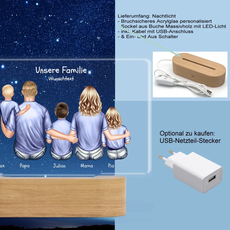 Personalisiertes LED Deko Licht ''Familie mit 3 Kindern'' Geschenk Geburtstag - Muttertag / Vatertag