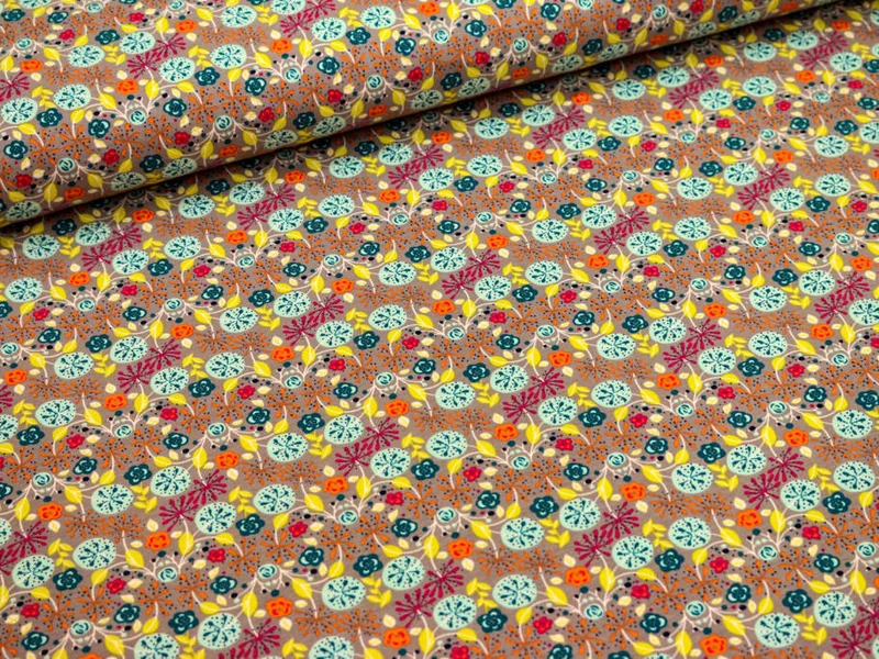 Reststück 55cm - Baumwolljersey Joy Blumenwiese graubeige-bunt