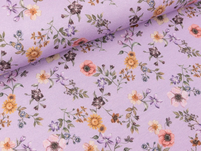 Reststück 49cm - Baumwolljersey Small Flowers Blumen bunt auf Flieder