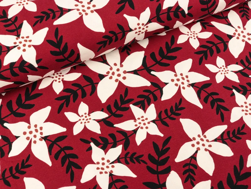 Reststück 43cm - Baumwolljersey Johanna Blumenranken auf Burgundy