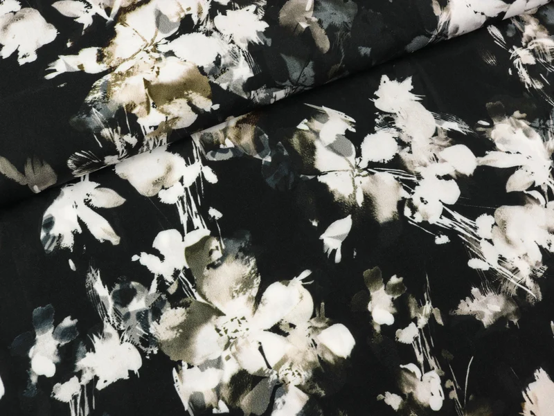 Reststück 95cm - Viskose Webware Fleur Lilien bunt auf Schwarz