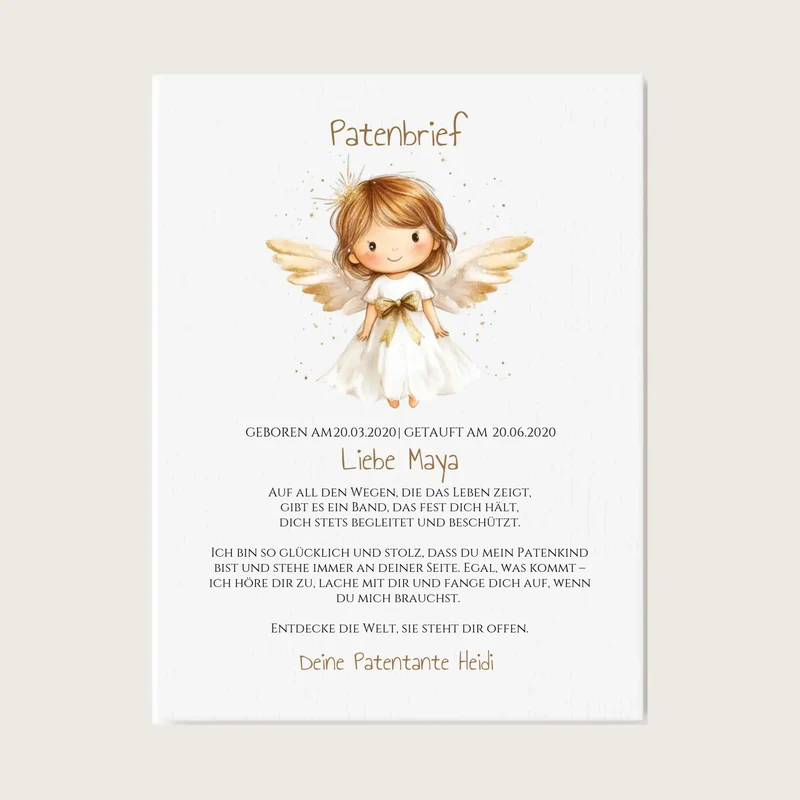 Patenbrief Geschenk Patenkind Schutzengel - Decke, Kissen, Poster, Leinwandbild personalisiert