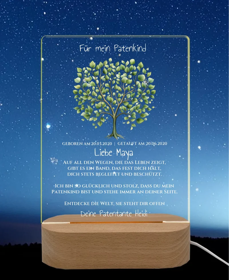 Patenkind Geschenk zur Taufe, Geburt, Kommunion / Konfirmation. Lebensbaum personalisiertes Baby & Kinder - LED Nachtlicht grün