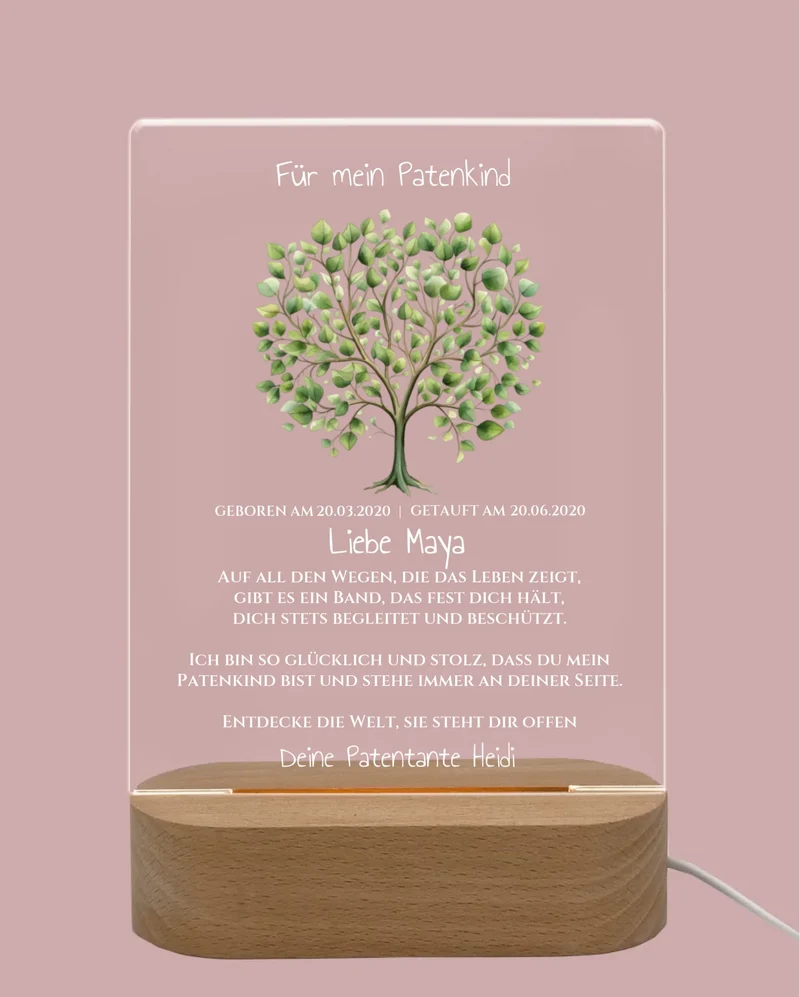 Patenkind Geschenk zur Taufe, Geburt, Kommunion / Konfirmation. Lebensbaum personalisiertes Baby & Kinder - LED Nachtlicht grün
