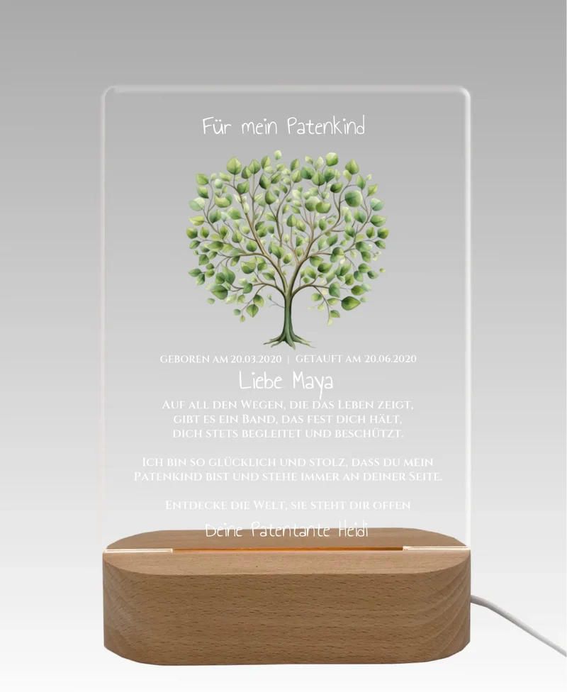 Patenkind Geschenk zur Taufe, Geburt, Kommunion / Konfirmation. Lebensbaum personalisiertes Baby & Kinder - LED Nachtlicht grün
