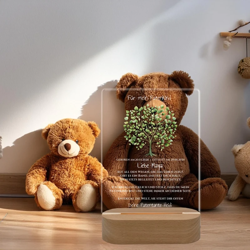 Patenkind Geschenk zur Taufe, Geburt, Kommunion / Konfirmation. Lebensbaum personalisiertes Baby & Kinder - LED Nachtlicht grün