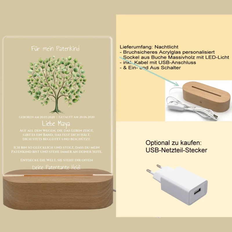 Patenkind Geschenk zur Taufe, Geburt, Kommunion / Konfirmation. Lebensbaum personalisiertes Baby & Kinder - LED Nachtlicht grün