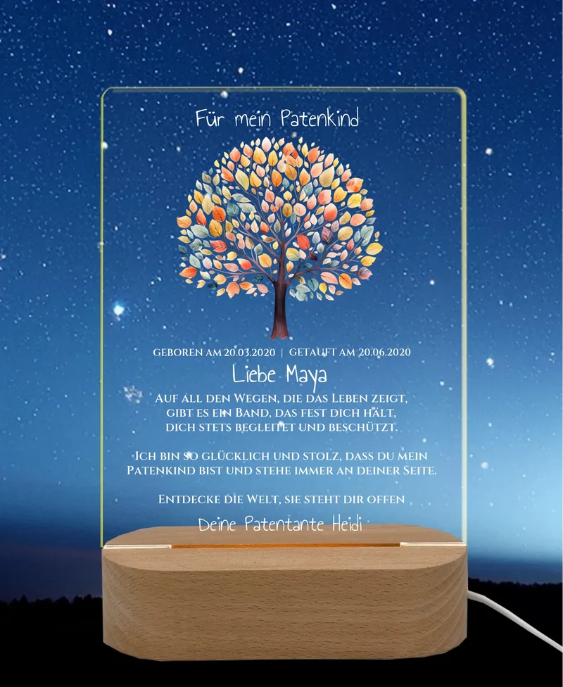 Patenkind Geschenk zur Taufe, Geburt, Kommunion / Konfirmation. Lebensbaum personalisiertes Baby & Kinder - LED Nachtlicht