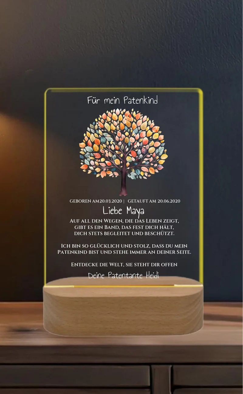 Patenkind Geschenk zur Taufe, Geburt, Kommunion / Konfirmation. Lebensbaum personalisiertes Baby & Kinder - LED Nachtlicht