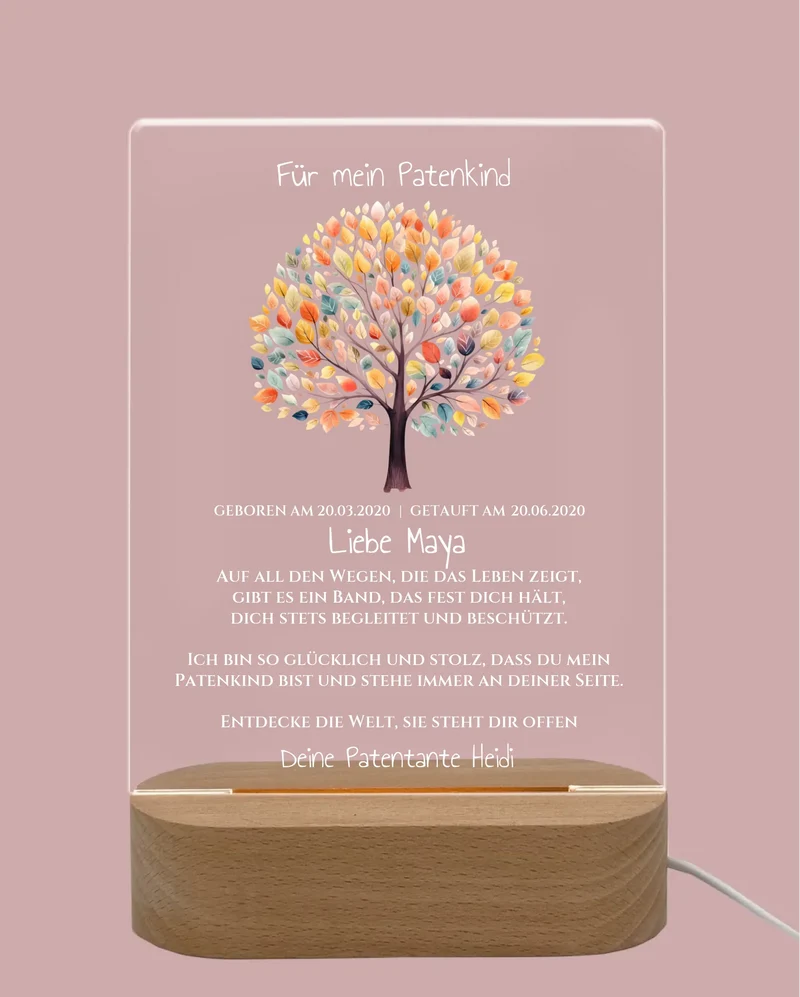Patenkind Geschenk zur Taufe, Geburt, Kommunion / Konfirmation. Lebensbaum personalisiertes Baby & Kinder - LED Nachtlicht