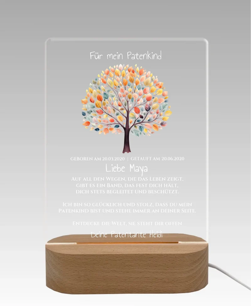 Patenkind Geschenk zur Taufe, Geburt, Kommunion / Konfirmation. Lebensbaum personalisiertes Baby & Kinder - LED Nachtlicht