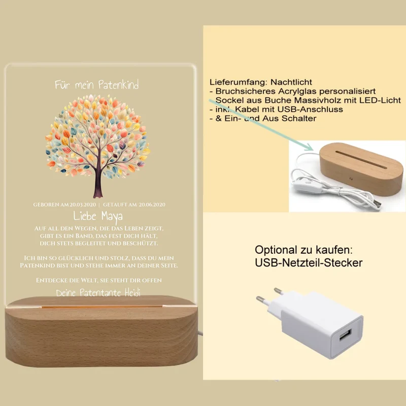 Patenkind Geschenk zur Taufe, Geburt, Kommunion / Konfirmation. Lebensbaum personalisiertes Baby & Kinder - LED Nachtlicht