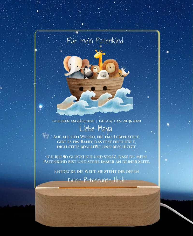 Patenkind Geschenk zur Taufe, Geburt, Kommunion / Konfirmation. Arche Noah personalisiertes Baby & Kinder - LED Nachtlicht