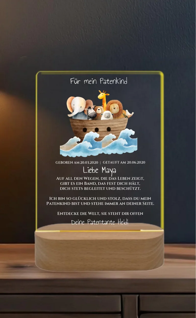 Patenkind Geschenk zur Taufe, Geburt, Kommunion / Konfirmation. Arche Noah personalisiertes Baby & Kinder - LED Nachtlicht