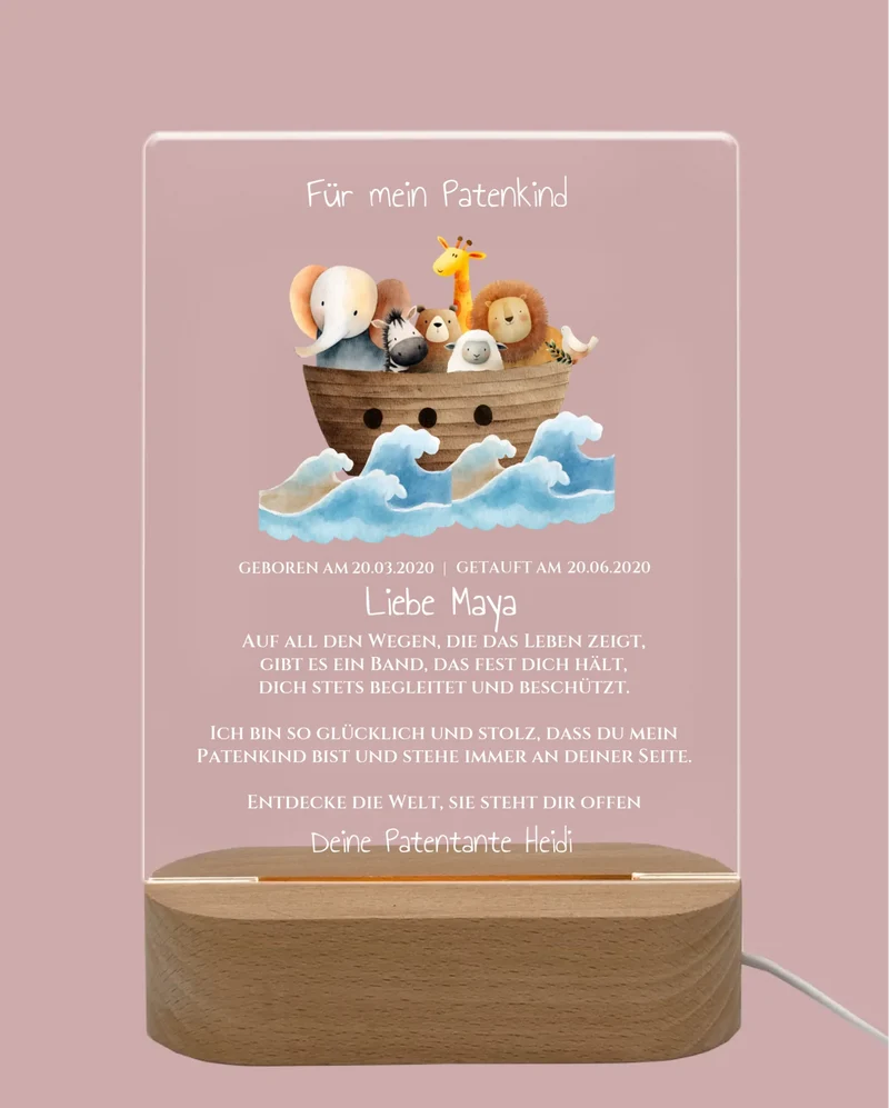 Patenkind Geschenk zur Taufe, Geburt, Kommunion / Konfirmation. Arche Noah personalisiertes Baby & Kinder - LED Nachtlicht