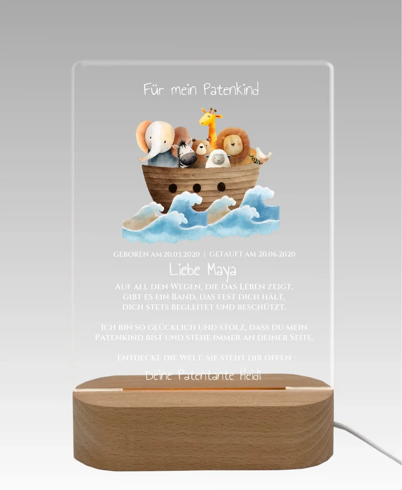 Patenkind Geschenk zur Taufe, Geburt, Kommunion / Konfirmation. Arche Noah personalisiertes Baby & Kinder - LED Nachtlicht