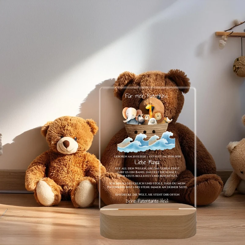 Patenkind Geschenk zur Taufe, Geburt, Kommunion / Konfirmation. Arche Noah personalisiertes Baby & Kinder - LED Nachtlicht