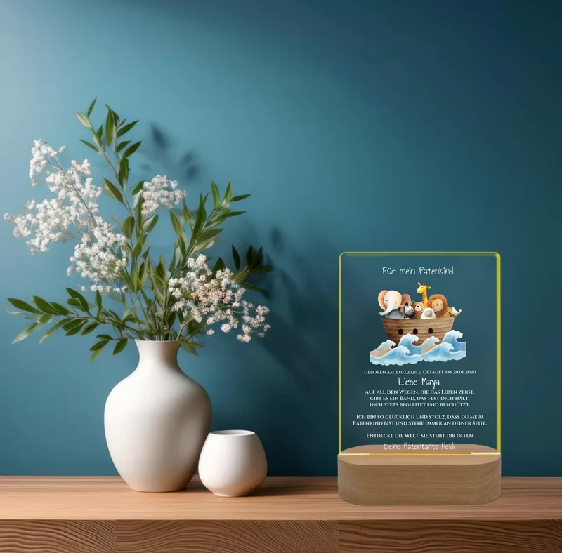 Patenkind Geschenk zur Taufe, Geburt, Kommunion / Konfirmation. Arche Noah personalisiertes Baby & Kinder - LED Nachtlicht