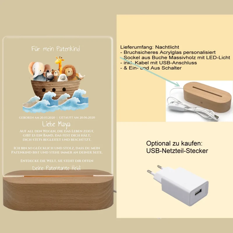 Patenkind Geschenk zur Taufe, Geburt, Kommunion / Konfirmation. Arche Noah personalisiertes Baby & Kinder - LED Nachtlicht
