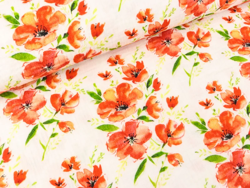 Reststück 90cm - Baumwoll Double Gauze Thea Blumen korallrot auf Weiß
