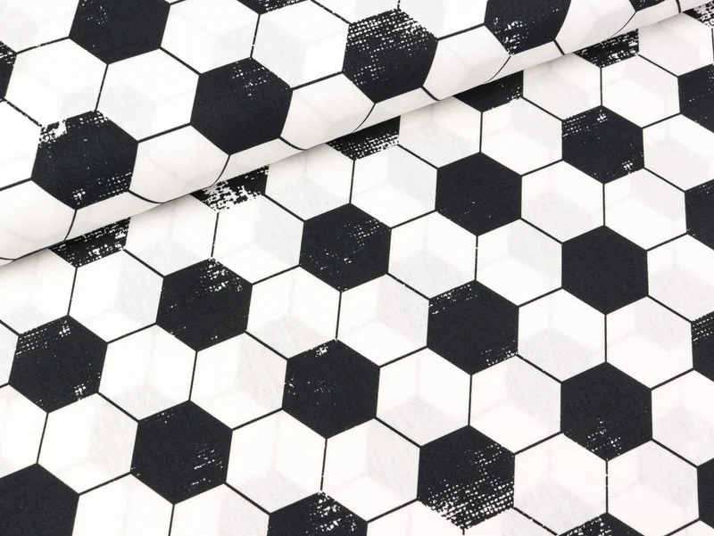 Reststück 67cm - Baumwoll Webware Kim Fußball Hexagon schwarz-weiß