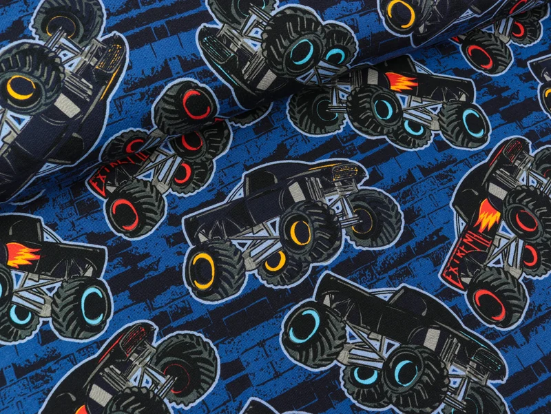 Reststück 68cm - French Terry Petra Monstertrucks bunt auf Blau