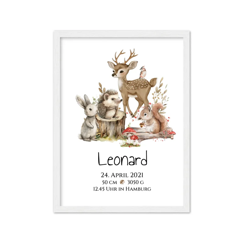 Personalisierte Kinderdecke Geschenk zur Geburt und Taufe | Waldtiere Kissen & Kinderposter