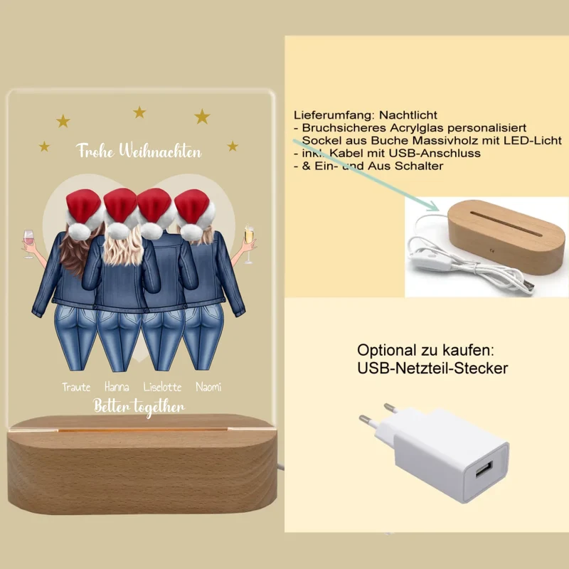 Beste Freundin Geschenk - LED-Deko Licht aus Acrylglas "4 Freundinnen" Geschenkidee Weihnachten