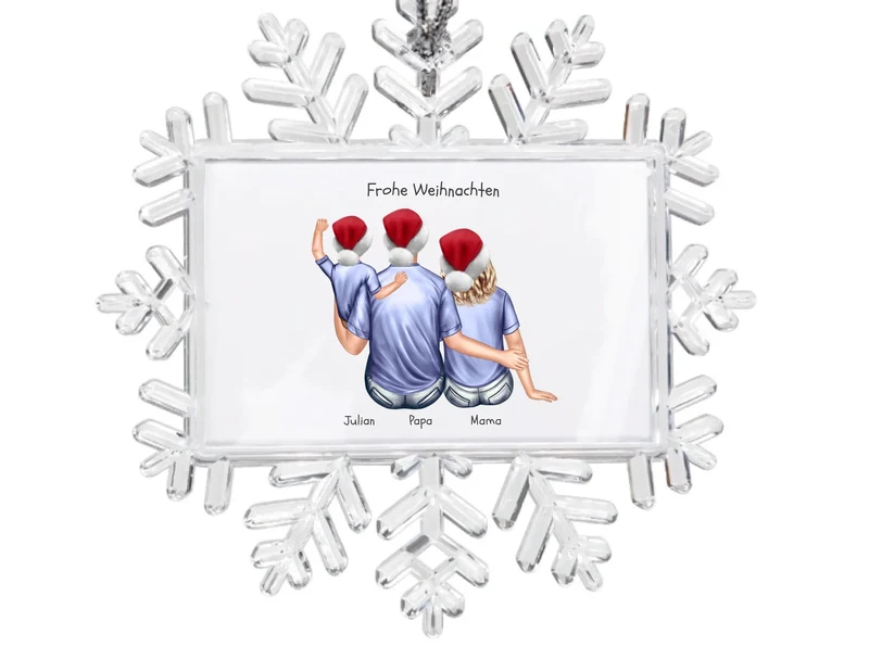 Weihnachtsbaum Ornament Schneeflocke Paar mit Wunschtext personalisiert. Baumschmuck, Baumanhänger. Geschenkanhänger