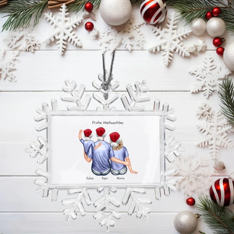 Weihnachtsbaum Ornament Schneeflocke Paar mit Wunschtext personalisiert. Baumschmuck, Baumanhänger. Geschenkanhänger