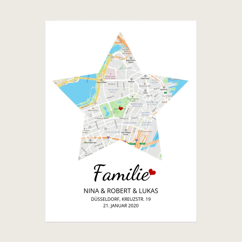 "Familie" Poster - Stern Stadtkarte & Koordinatenposter - Geschenkidee
