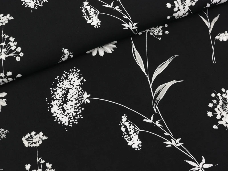 Reststück 41cm - Viskosestoff Gräser und Blumen weiß auf Schwarz