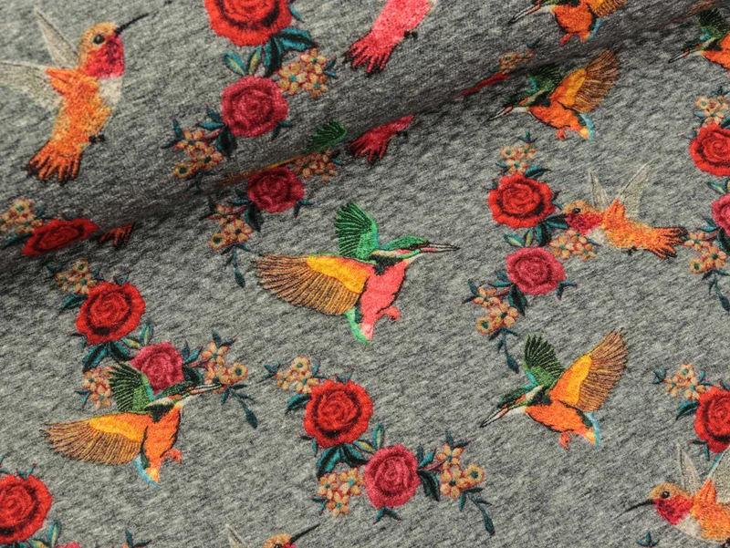 Reststück 50cm - Jacquard Jersey Roses and Birds auf grau meliert Digitalprint