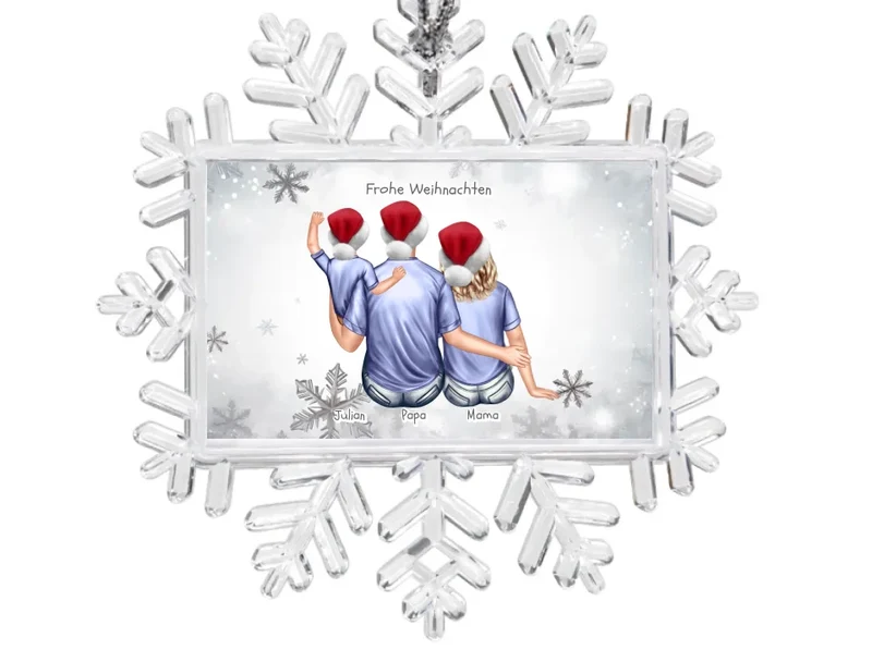 Weihnachtsbaum Schmuck Ornament Schneeflocke Familie mit Baby und Kind personalisiert. Baumschmuck, Baumanhänger. Geschenkanhänger