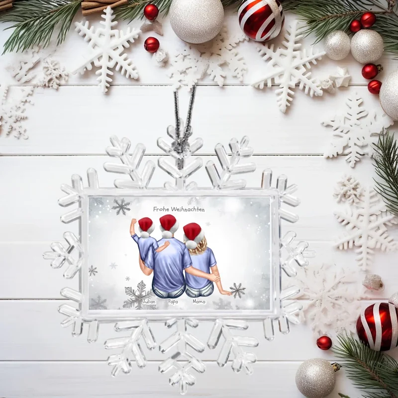 Weihnachtsbaum Schmuck Ornament Schneeflocke Familie mit Baby und Kind personalisiert. Baumschmuck, Baumanhänger. Geschenkanhänger