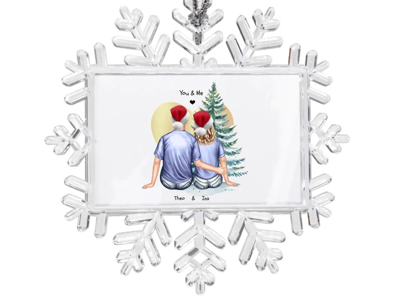 Weihnachtsbaum Ornament Schneeflocke Paar mit Wunschtext personalisiert. Baumschmuck, Baumanhänger. Geschenkanhänger